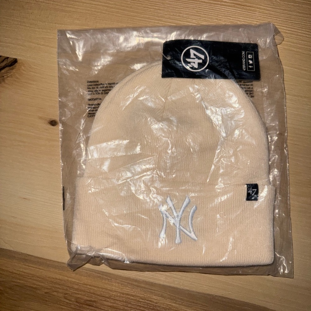 Cream & White NY Logo Beanie